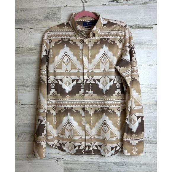 Ralph Lauren Women's L Button Up Brown Knit Oxford Country boho aztec shirt top - Picture 1 of 5